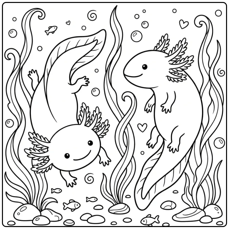 Axolotl kleurplaat met zwemmende dieren en waterplanten.