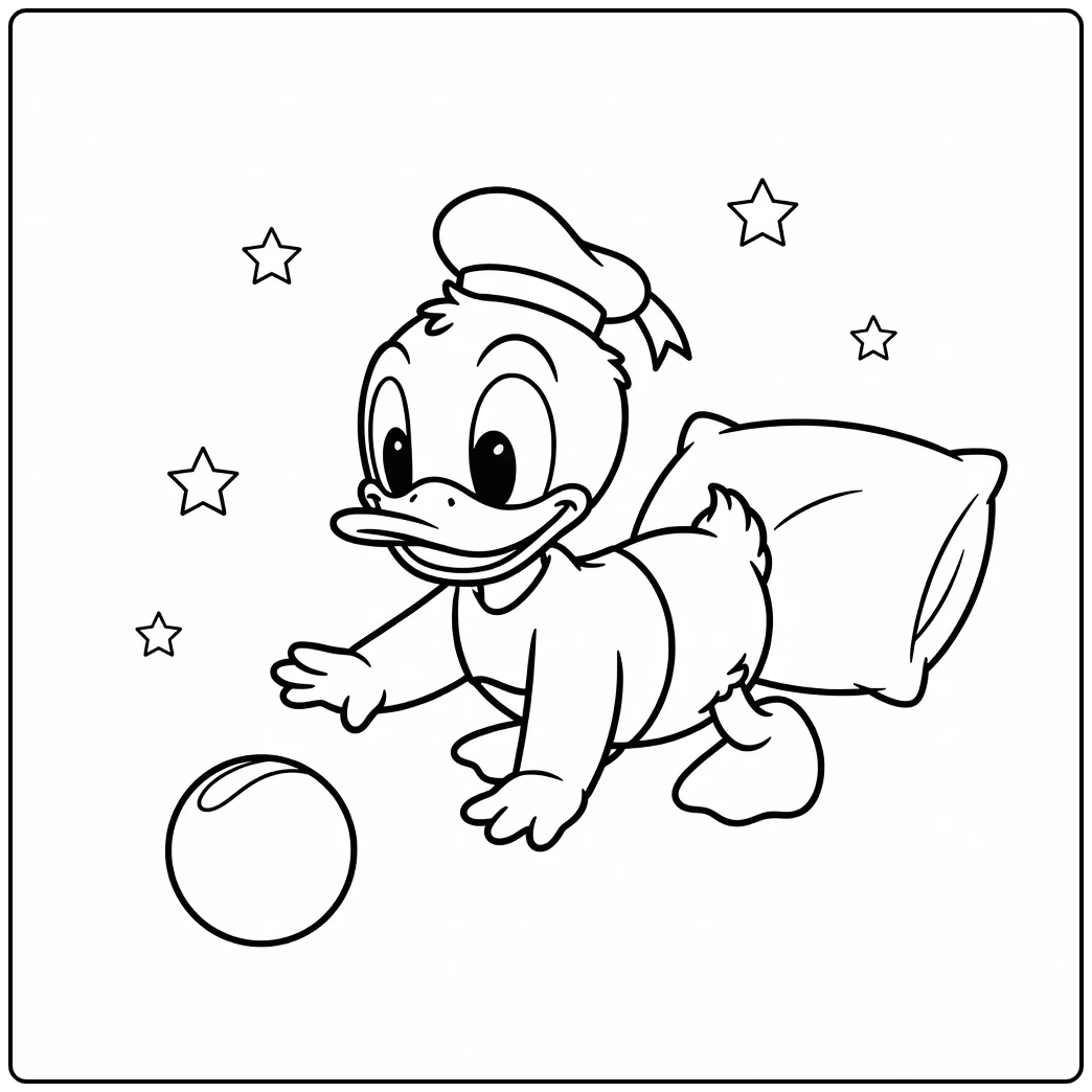 Leuke kleurplaat donald duck baby met zeemansmuts en bal.