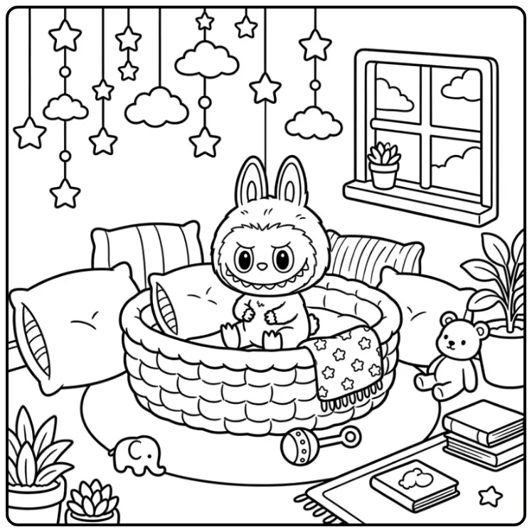 Schattige baby labubu kleurplaat in een mandje met sterren.