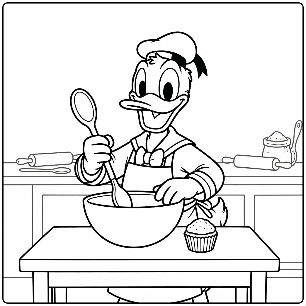 Donald Duck bakt vrolijk in de keuken, een kleurplaat donald duck