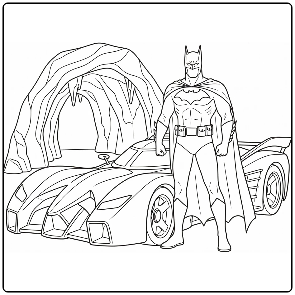 Batman kleurplaat met Batmobile en grot