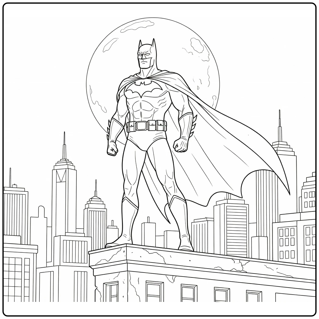 Batman kleurplaat: hero op Gotham dak met wapperende cape