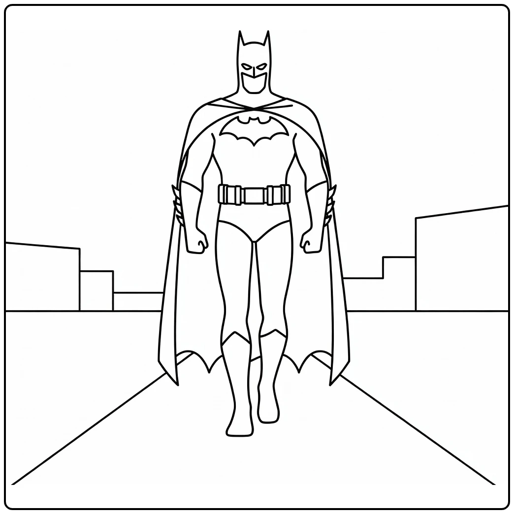 Batman kleurplaat makkelijk: loopt vooruit met cape omlaag, pad en gebouwen