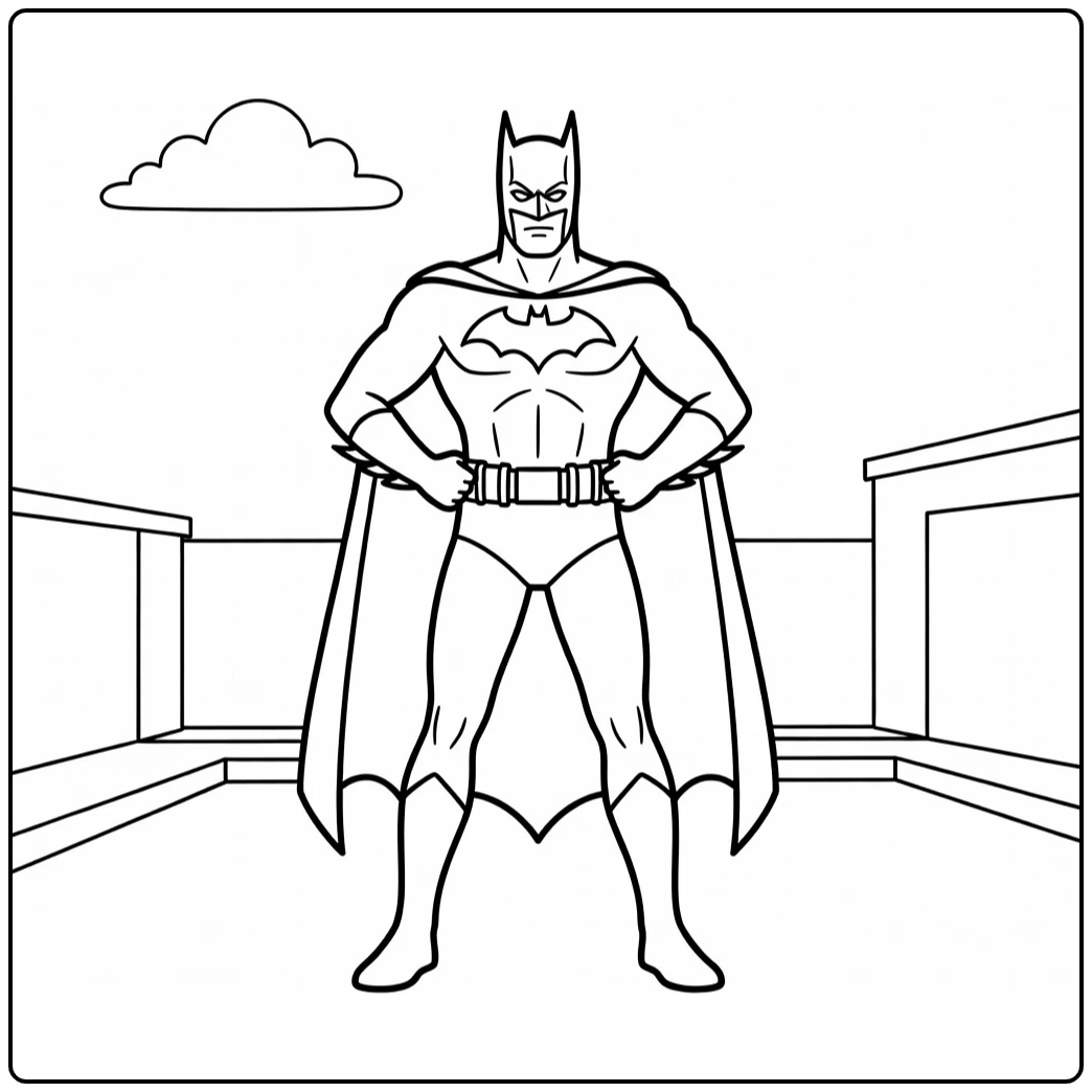 batman kleurplaat makkelijk: Batman poseert op dak met wolk