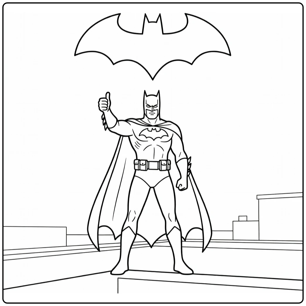 Batman kleurplaat makkelijk: duim omhoog op dak met batsymbool