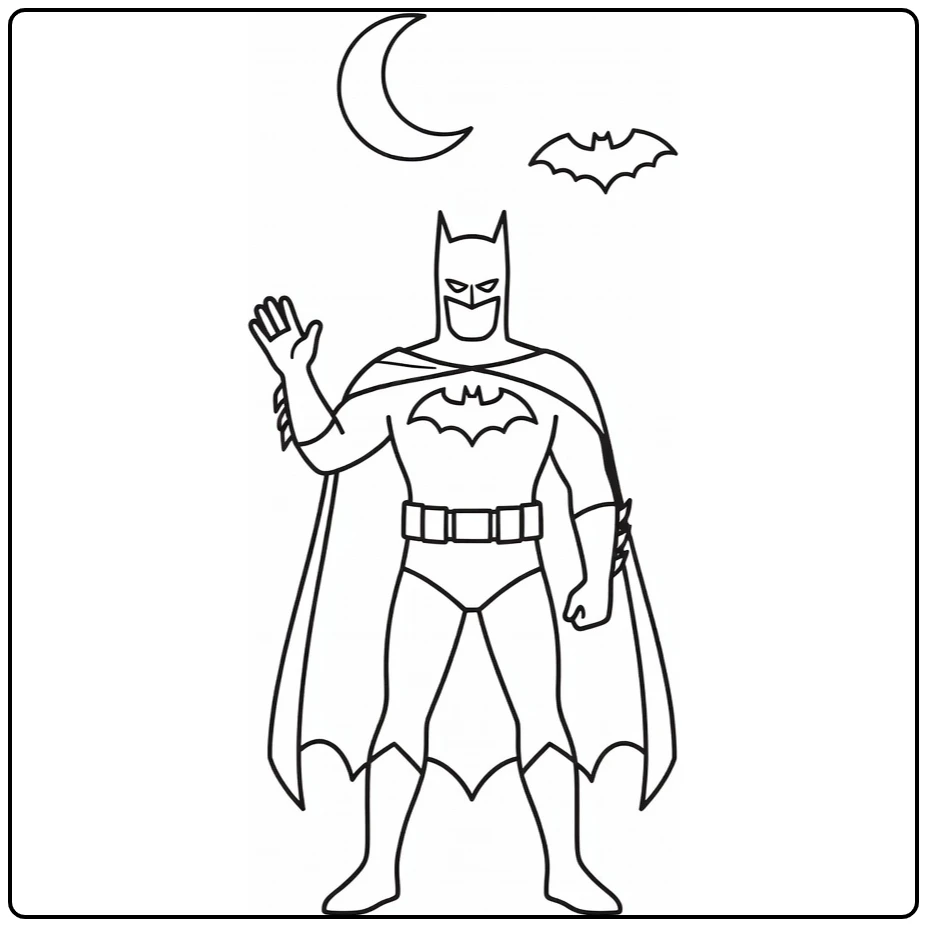Batman kleurplaat makkelijk: zwaaiende Batman met maan en vleermuis