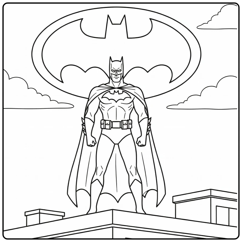 batman kleurplaat: Batman voor Bat-signaal op politiedak met wolken