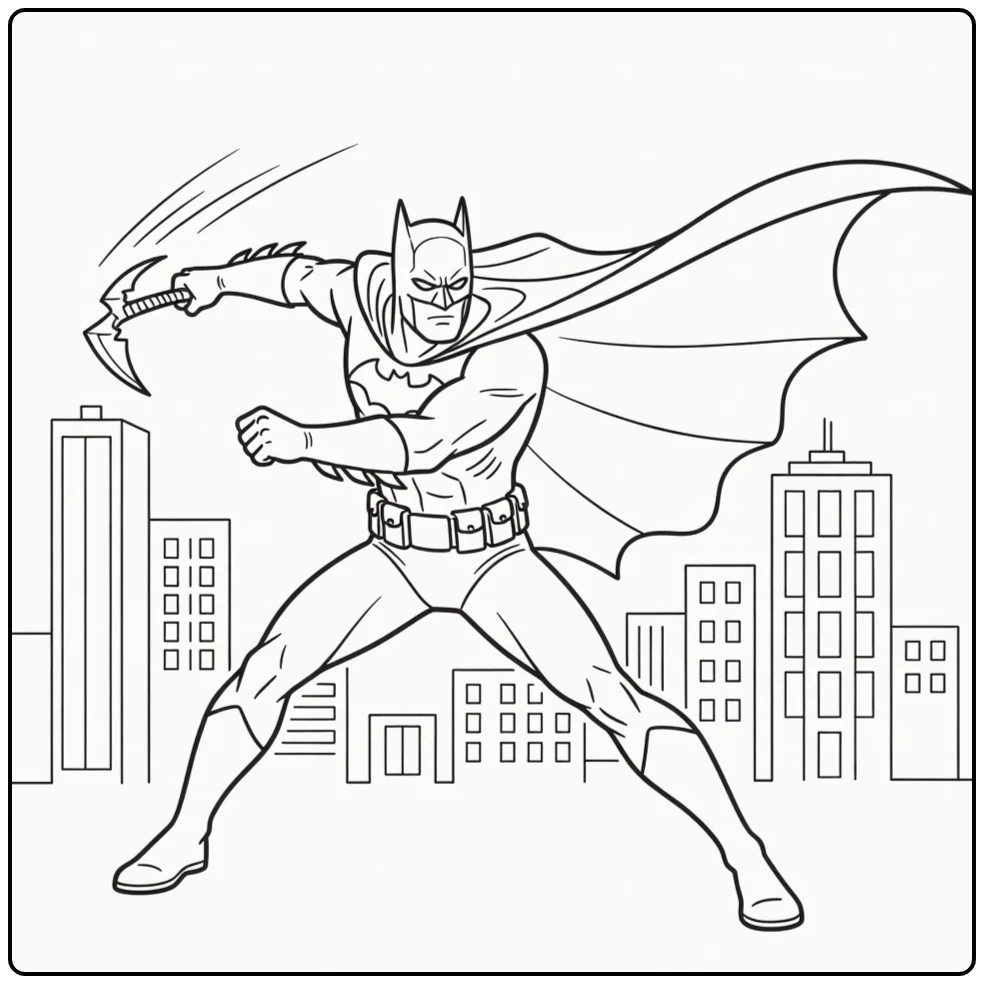 Batman kleurplaat: Batman gooit Batarang in actiepose