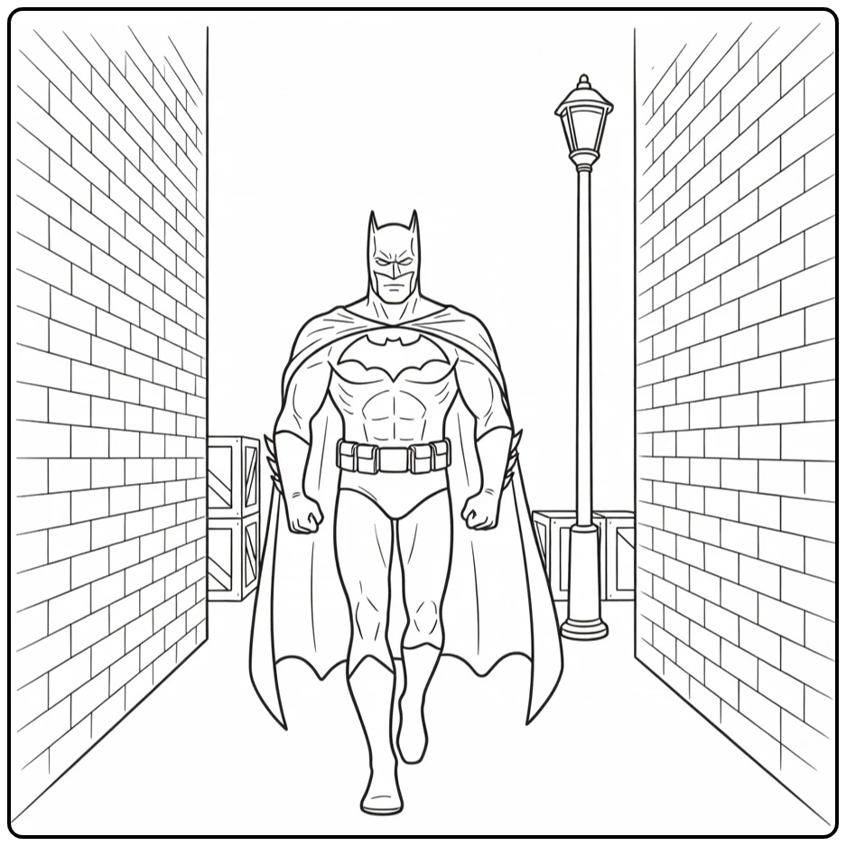 Batman kleurplaat: Batman loopt door stil Gotham steegje met bakmuren
