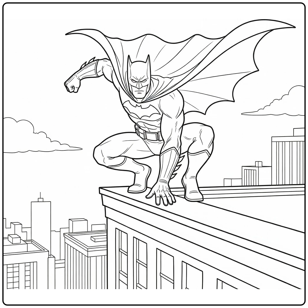 Batman kleurplaat: hurkend op rand hoog gebouw, klaar te springen