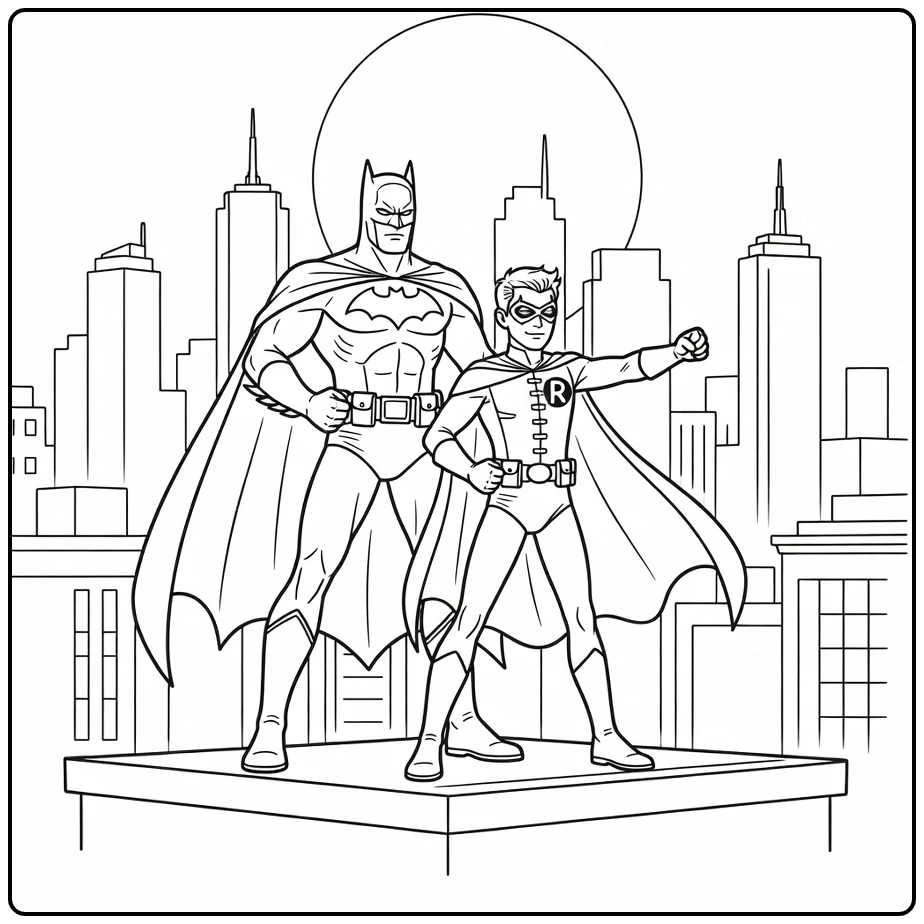 Batman kleurplaat: Batman en Robin heroïsch op dak met skyline
