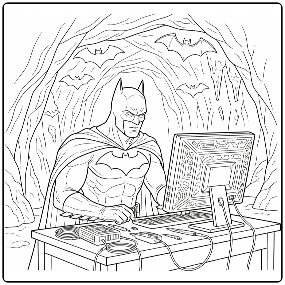 Batman kleurplaat: Batman in Batcave bij groot scherm