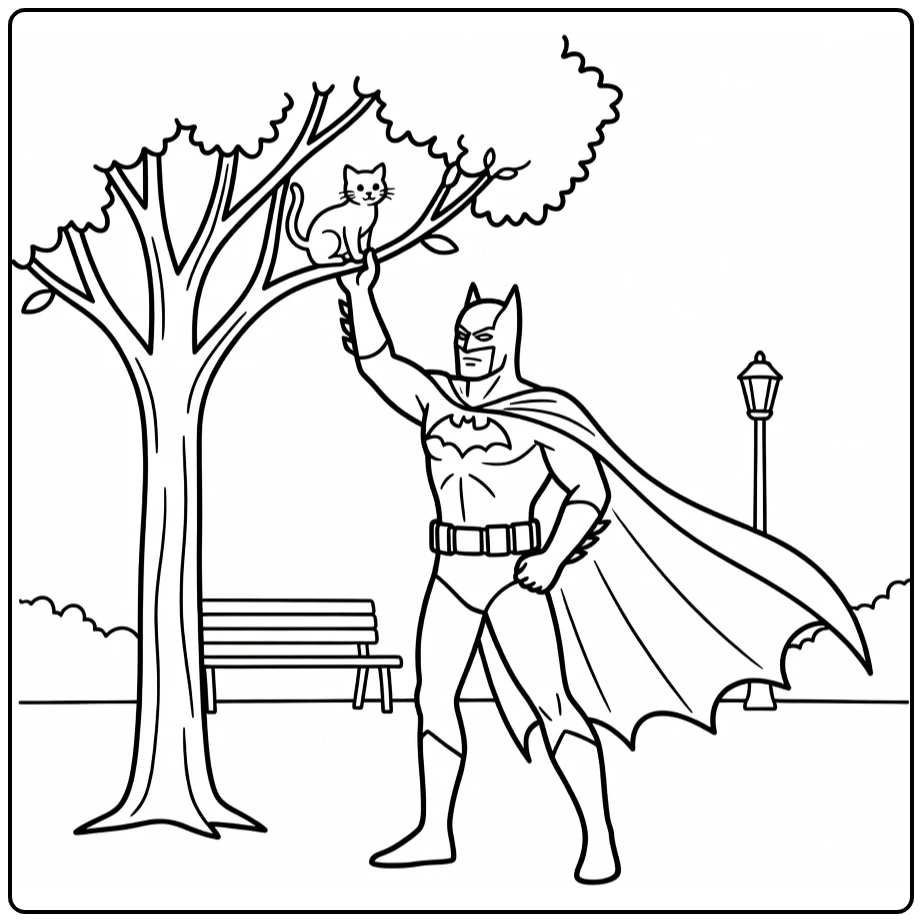 Batman kleurplaat: Batman redt katje uit boom in park