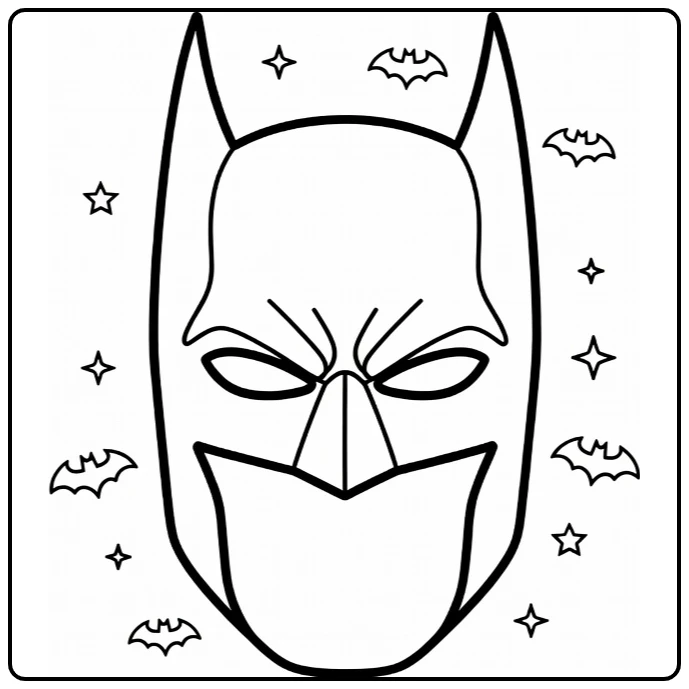 Batman masker kleurplaat: iconisch portret met bats en sterren
