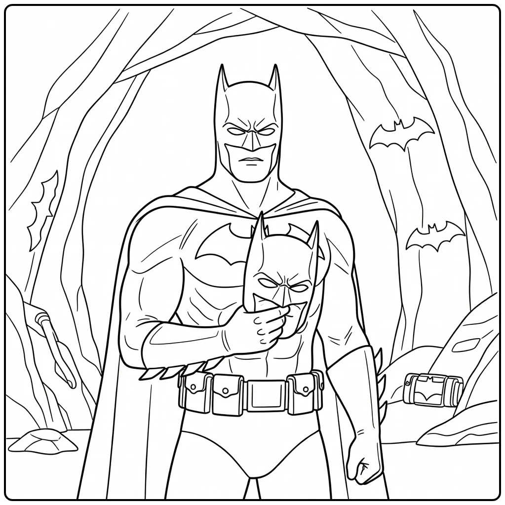 Batman masker kleurplaat: held met masker in grot