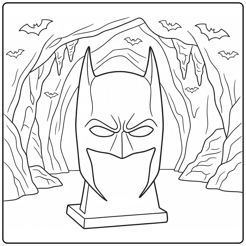 Batman masker kleurplaat in Batcave met rotsen en vleermuizen