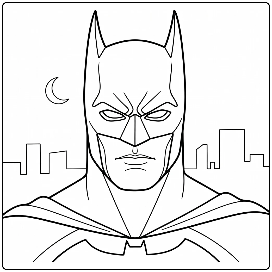 Batman masker kleurplaat: close-up stoer portret met maan en skyline