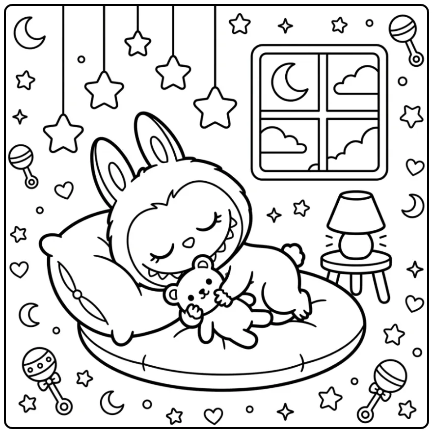 Schattige baby labubu kleurplaat slapend met knuffel en maan.
