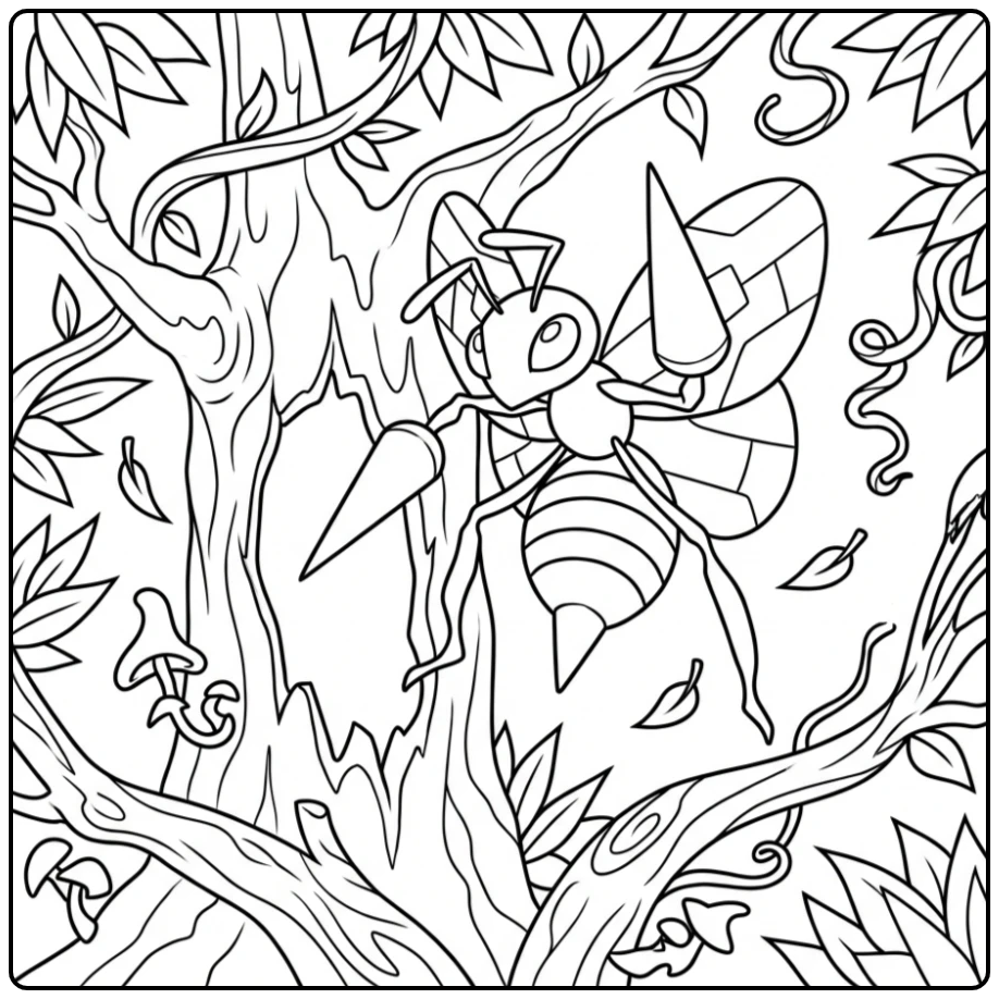 Spannende Beedrill kleurplaat bij een holle boom in het bos.