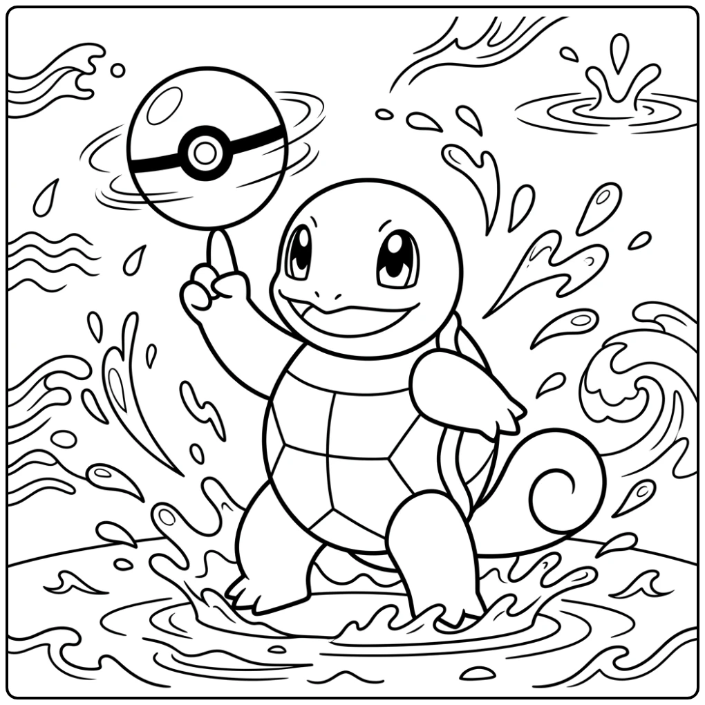 Squirtle spint een vrolijke pokemon bal kleurplaat met water