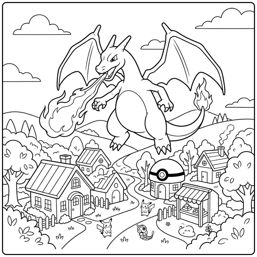 Heldhaftige charizard kleurplaat zweeft boven Pokémon dorp
