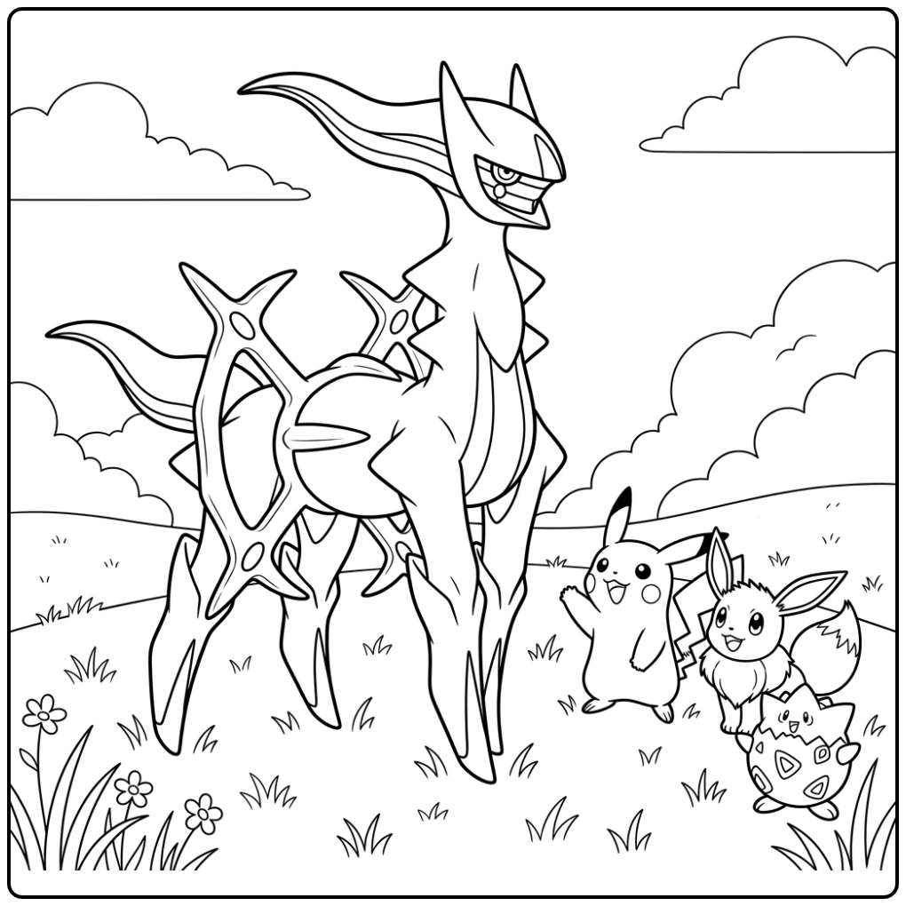 Heroïsche pokemon kleurplaat arceus met beschermende Arceus