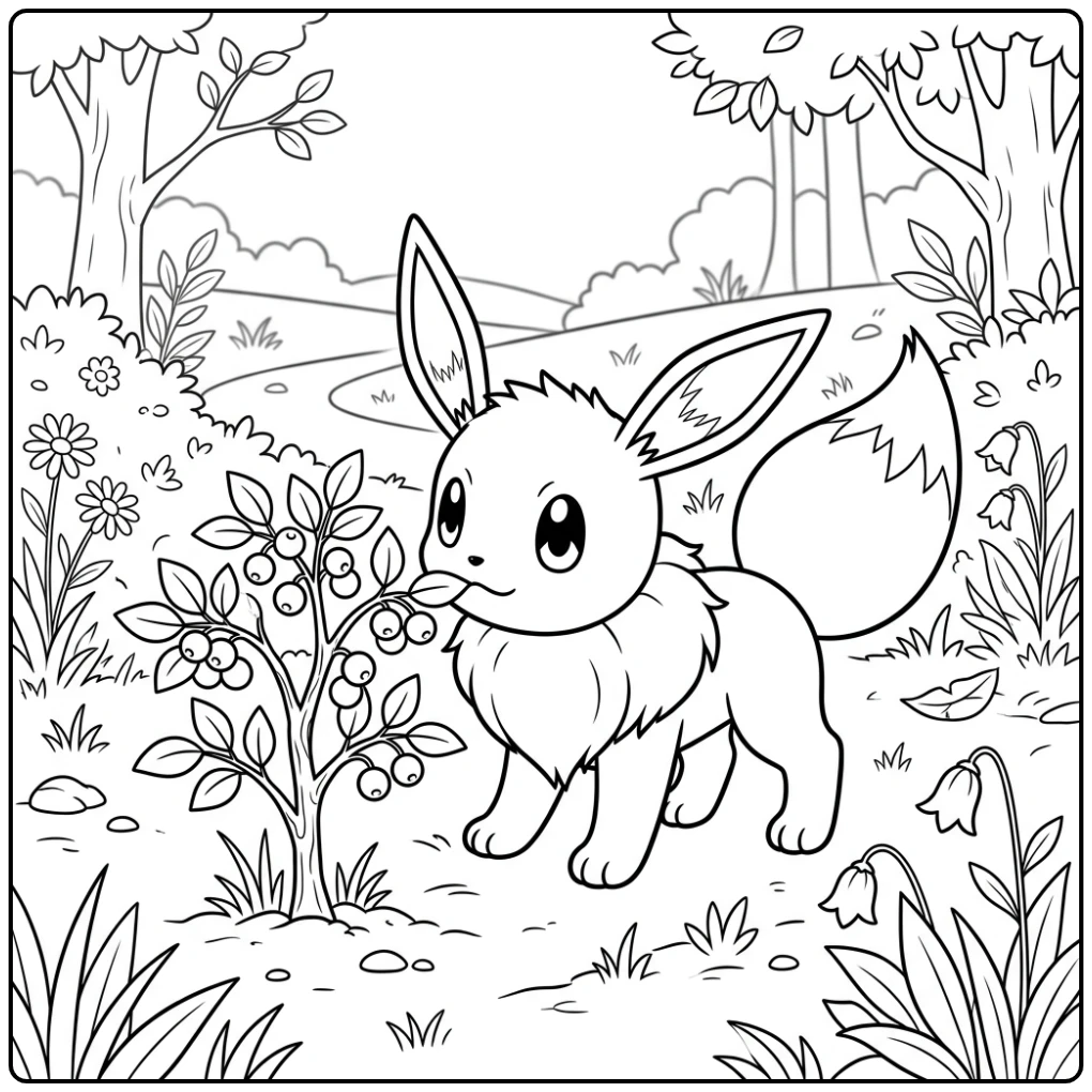 Nieuwsgierige Eevee bij bessenstruik, perfecte eevee kleurplaat.