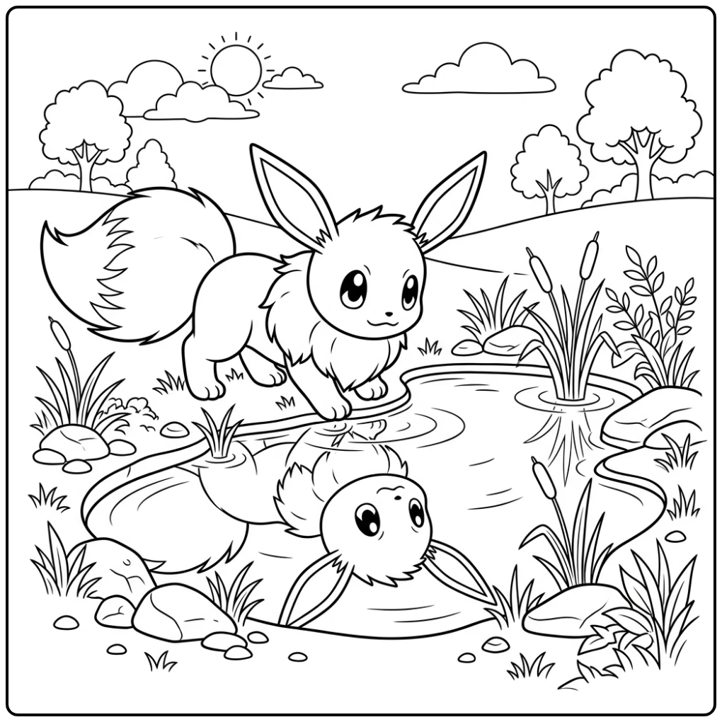 Nieuwe eevee kleurplaat: Eevee kijkt nieuwsgierig in een vijver