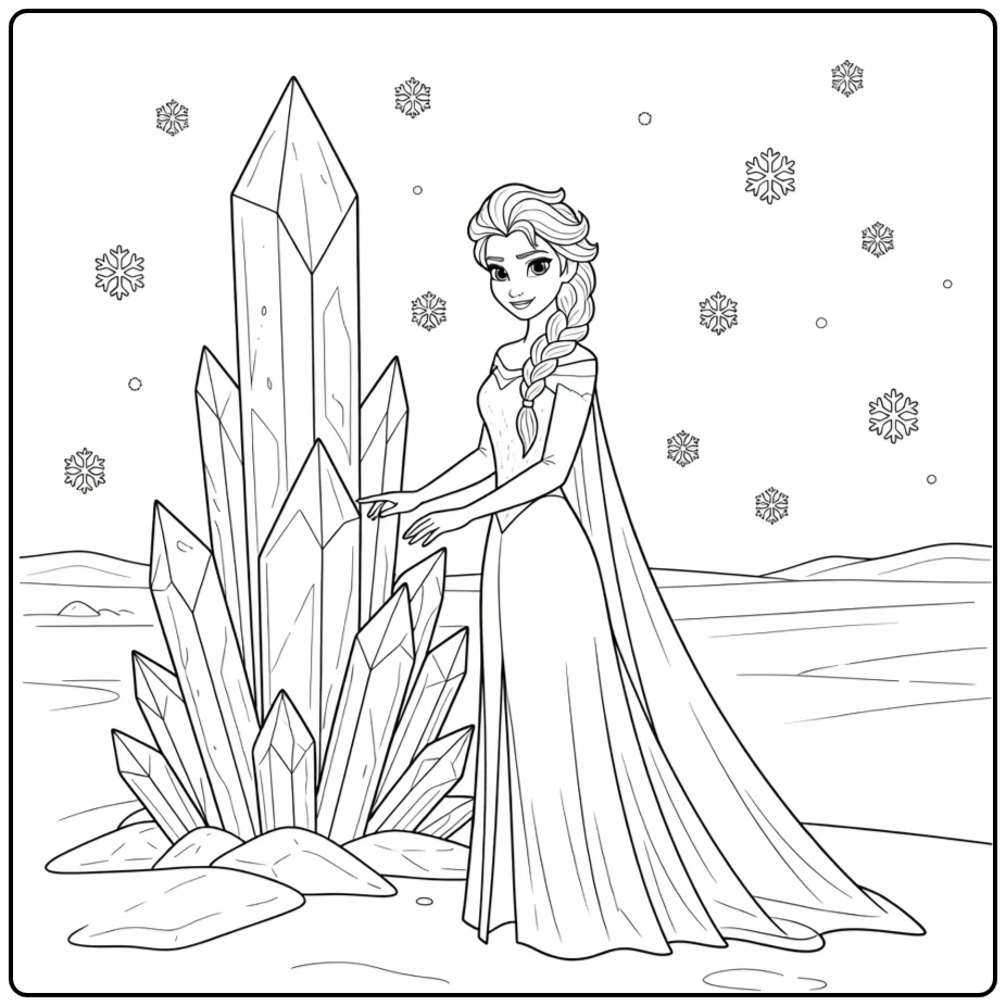 Mooie elsa kleurplaat met Elsa naast een groot ijskristal.