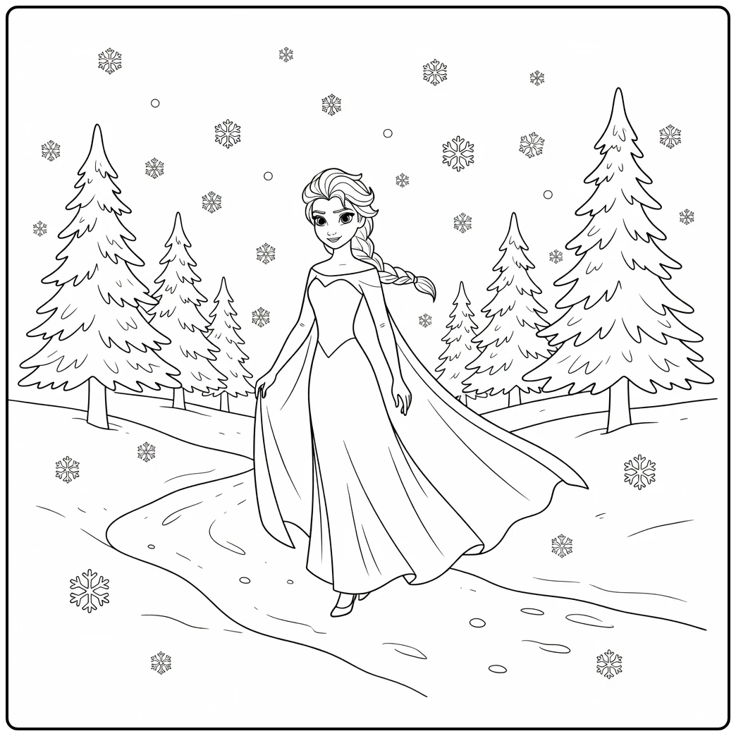 Mooie elsa kleurplaat wandelend in een besneeuwd bos.