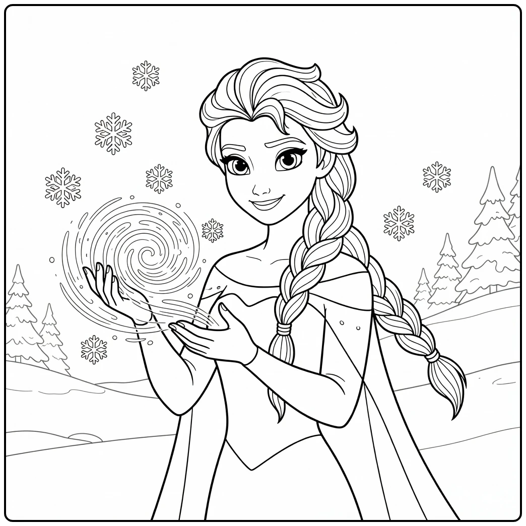 Mooie elsa kleurplaat met magische sneeuwvlokken.