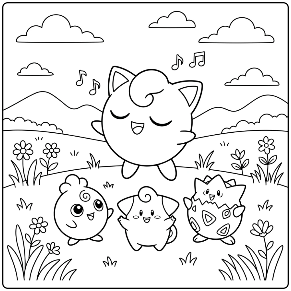 Jigglypuff kleurplaat: Zwevende Jigglypuff zingt voor vrienden.