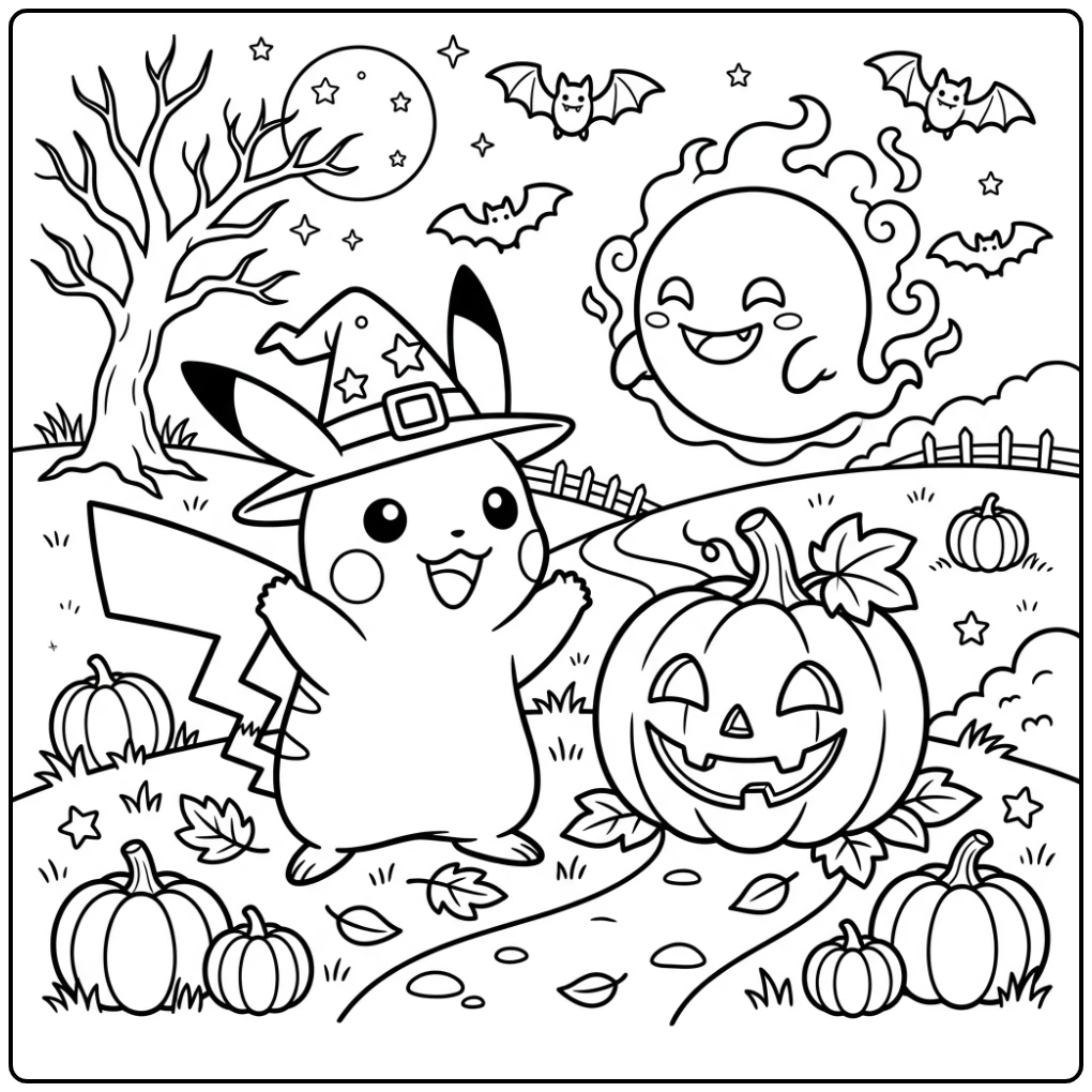 Pikachu met heksenhoed en pompoen: kleurplaat halloween pokemon