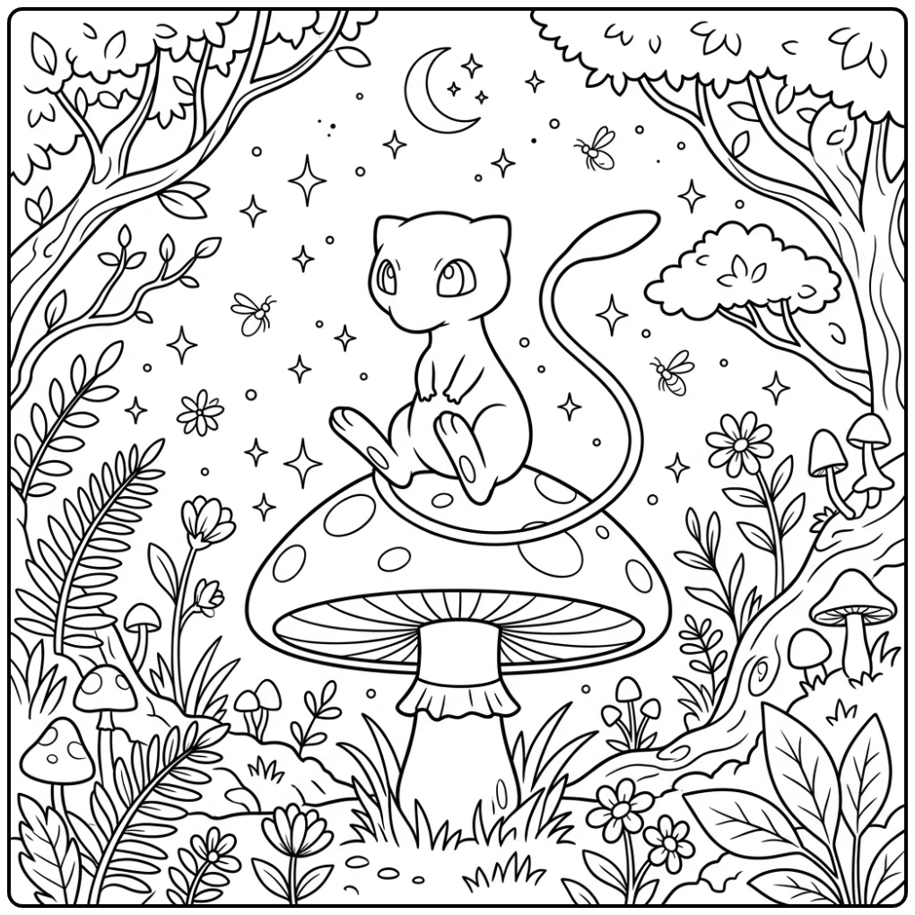 Fantasie mew kleurplaat op een paddenstoel in het bos.