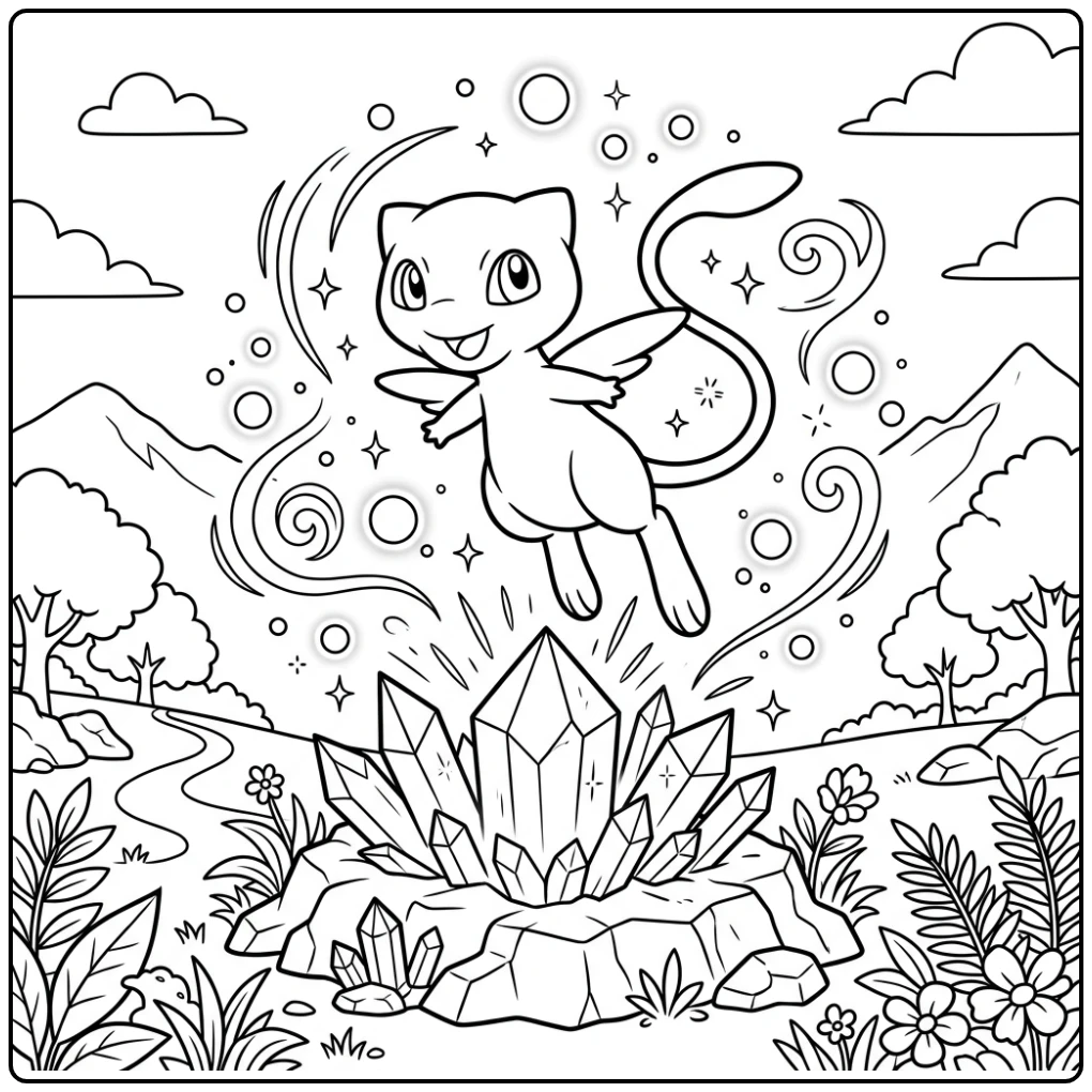 Magische mew kleurplaat met Mew zwevend boven een kristal.