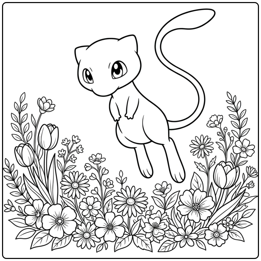 Lieve mew kleurplaat zwevend boven een bed van bloemen.