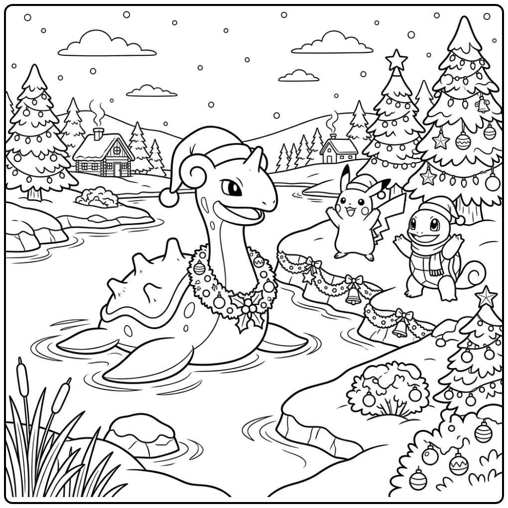 Vrolijke pokemon kerst kleurplaat met Lapras, Pikachu, Squirtle