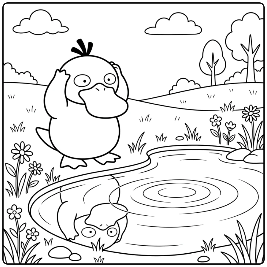 Leuke psyduck kleurplaat: eendje bij vijver met reflectie