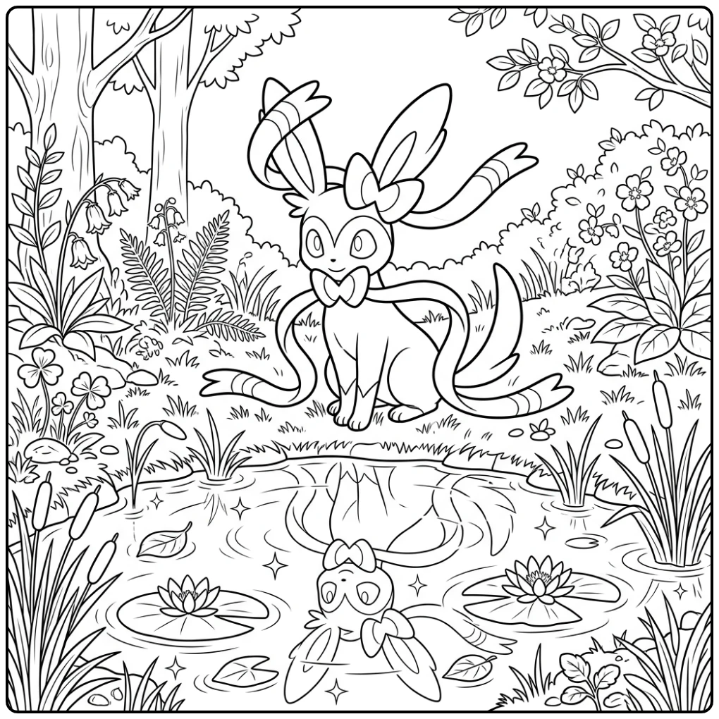 Rustige sylveon kleurplaat, reflecterend bij sprankelende vijver.