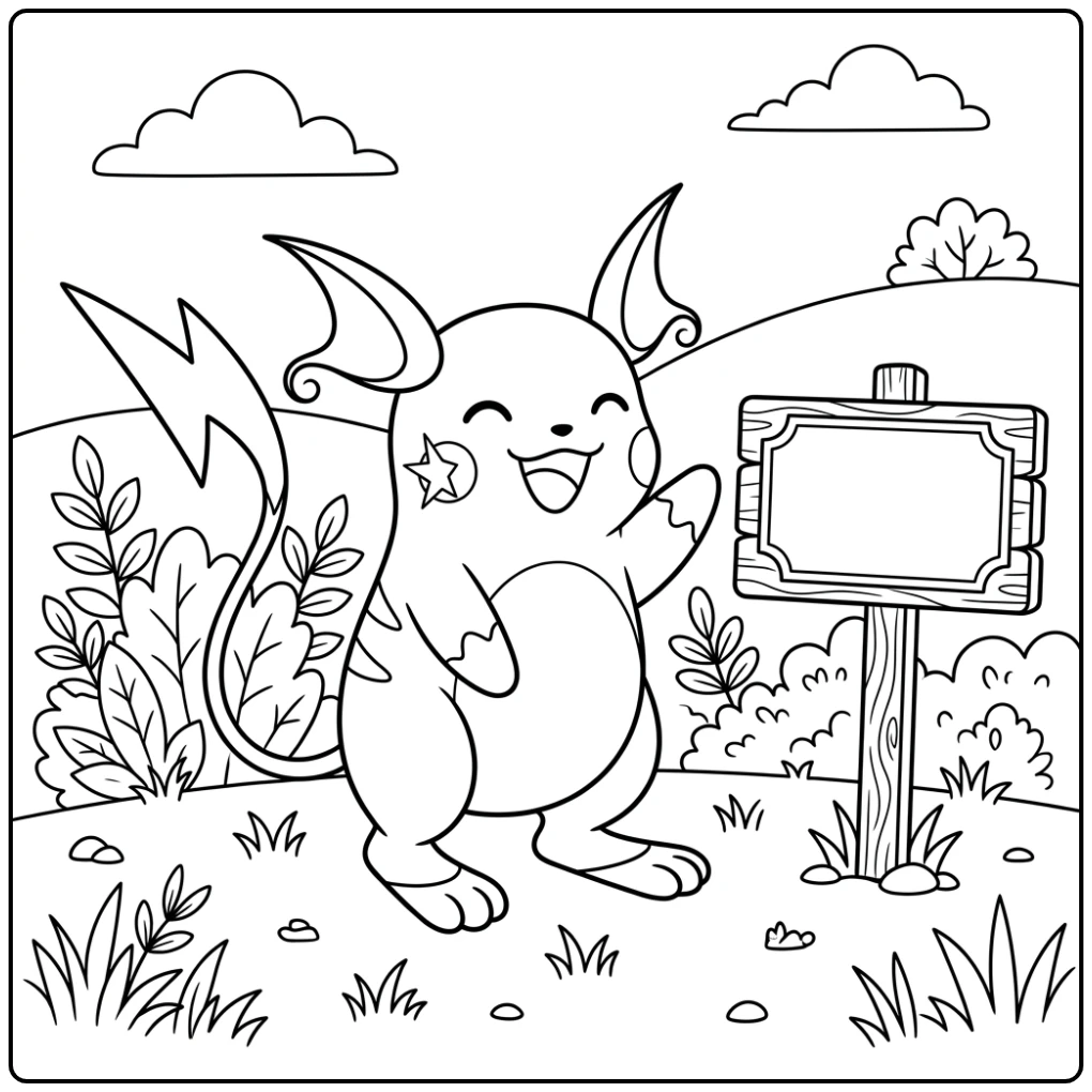 Vriendelijke raichu kleurplaat zwaait bij houten bord en struiken.