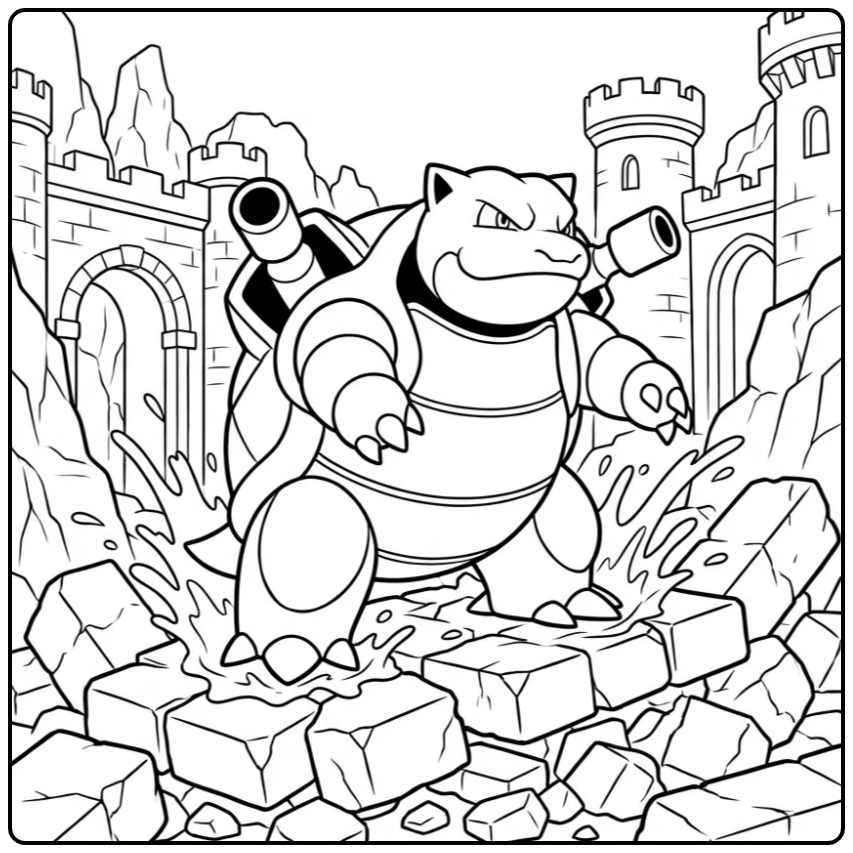 Blastoise kleurplaat: stoere schildpad met waterkanonnen.