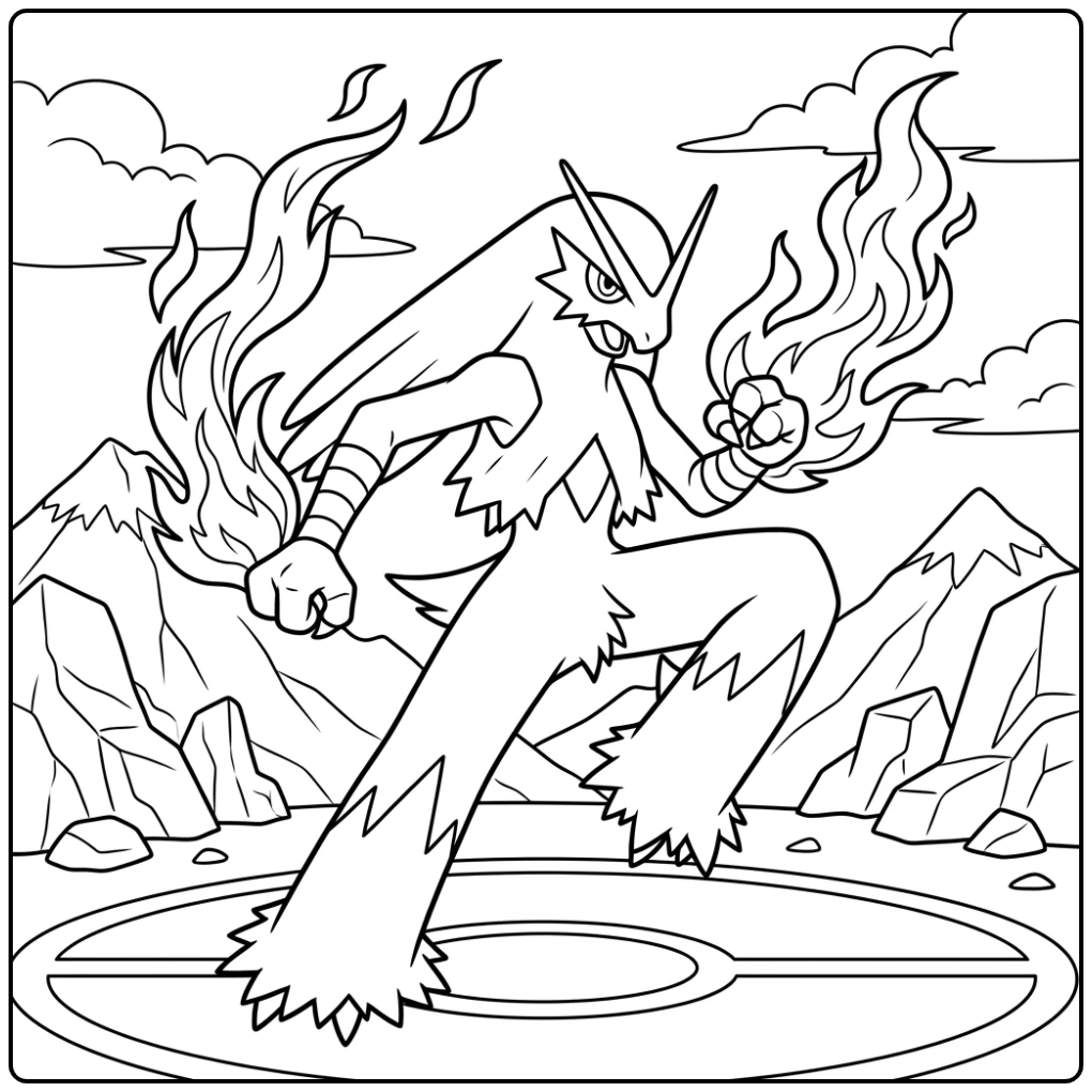 Dynamische Blaziken pokemon kleurplaat in vurige aanvalshouding