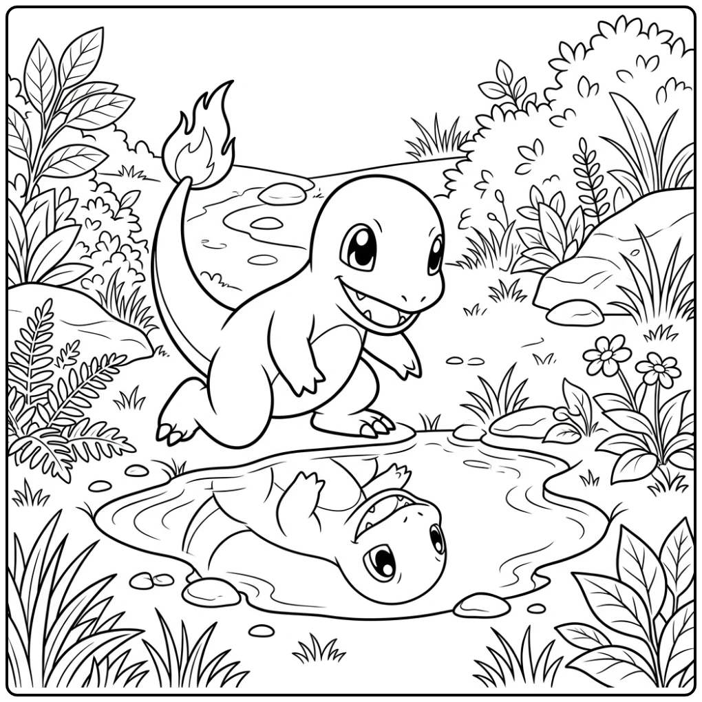 Nieuwsgierige charmander kleurplaat bij een kleine plas.