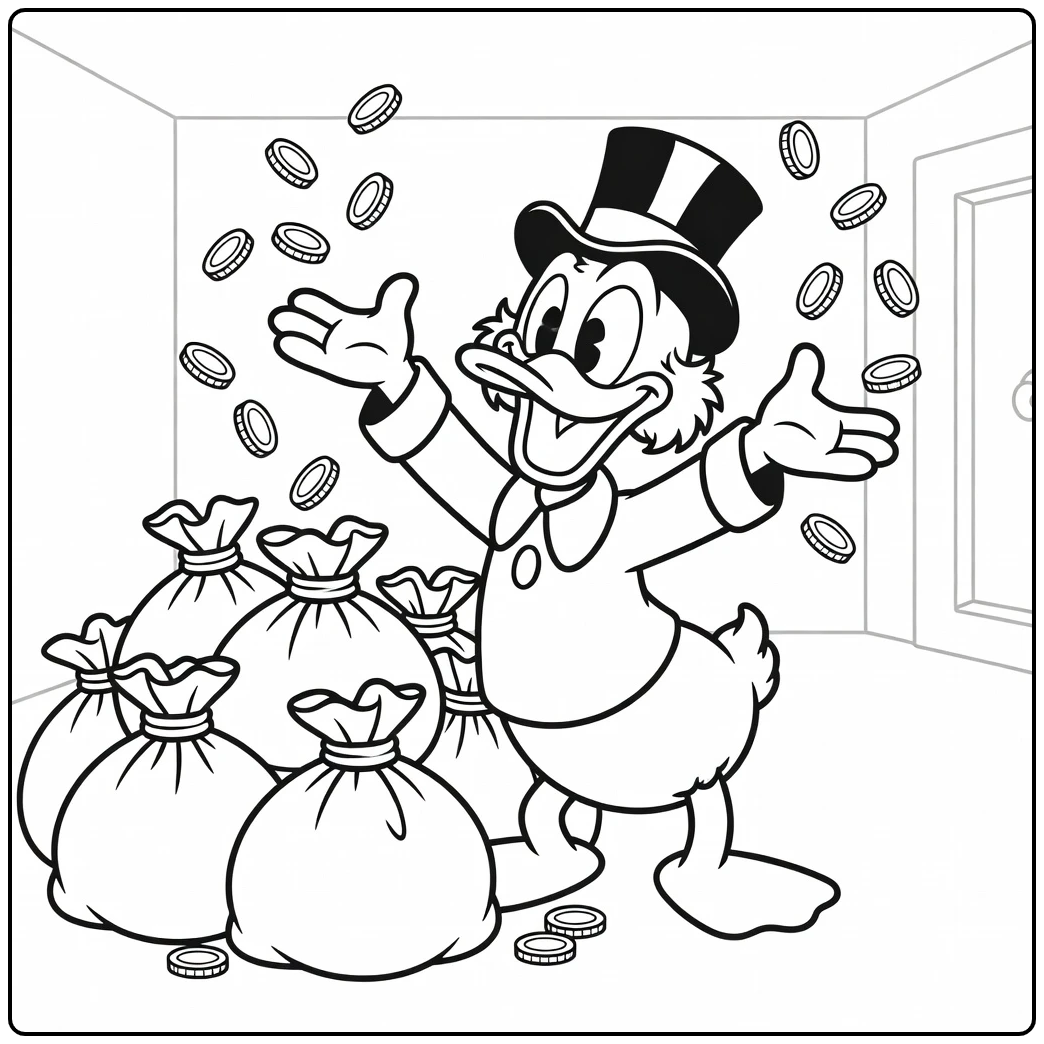 Dagobert Duck gooit munten in de lucht; kleurplaat dagobert duck geld.