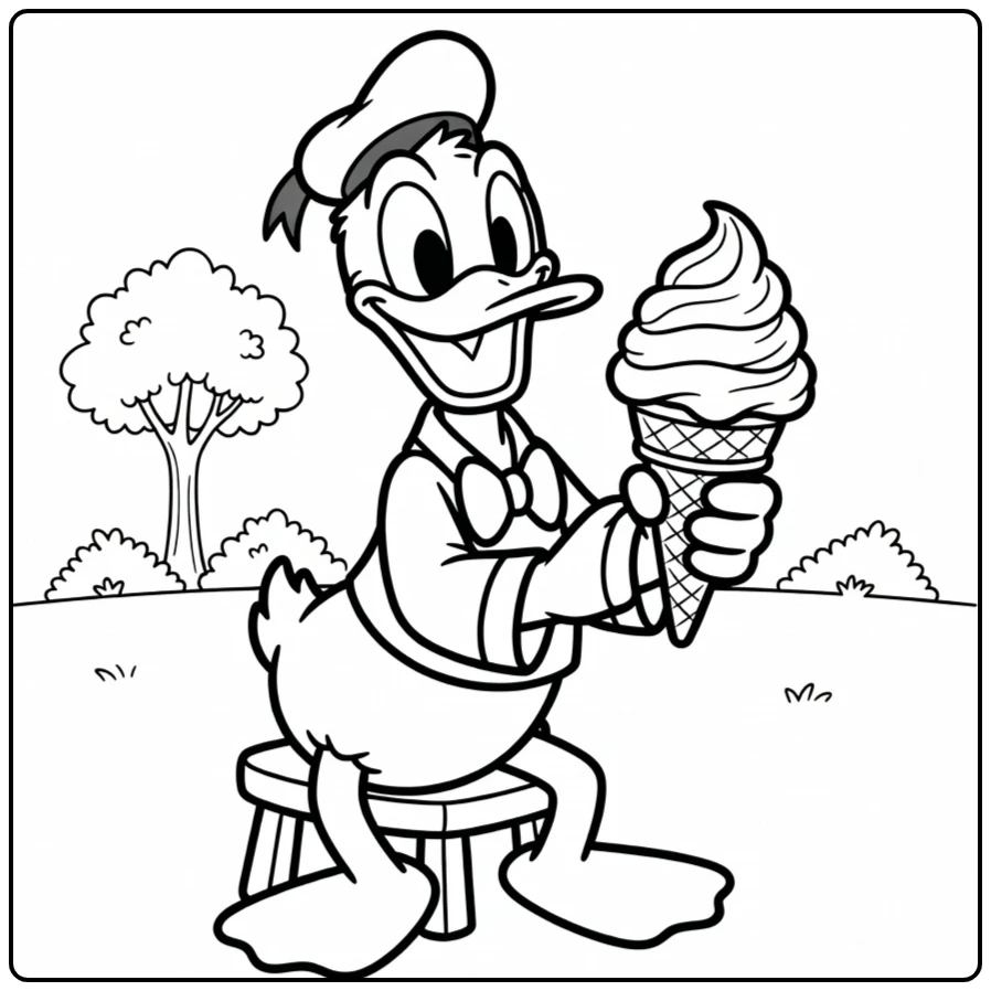 Donald Duck kleurplaat makkelijk: blije Donald met ijsje op krukje.