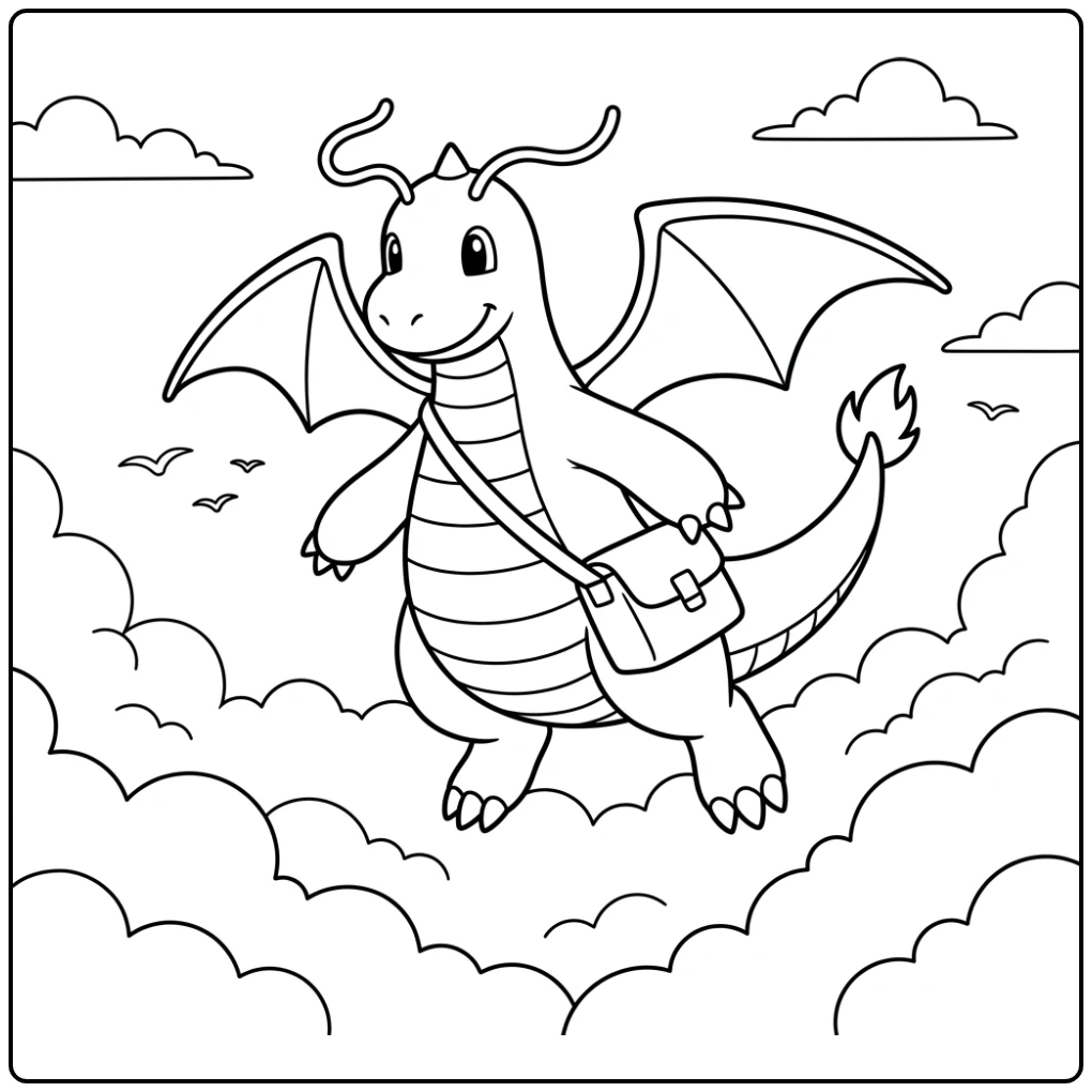 Vrolijke Dragonite met bezorgtas zweeft boven wolken, ideale dragonite kleurplaat.