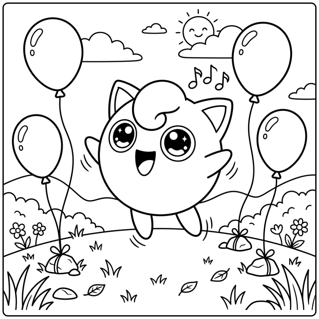 Vrolijke jigglypuff kleurplaat, springt en zingt blij met ballonnen.
