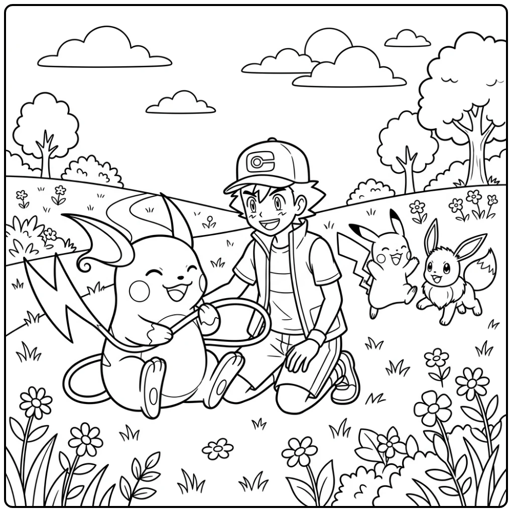 Vrolijke Raichu, Satoshi, Pikachu, Eevee in een leuke raichu kleurplaat.
