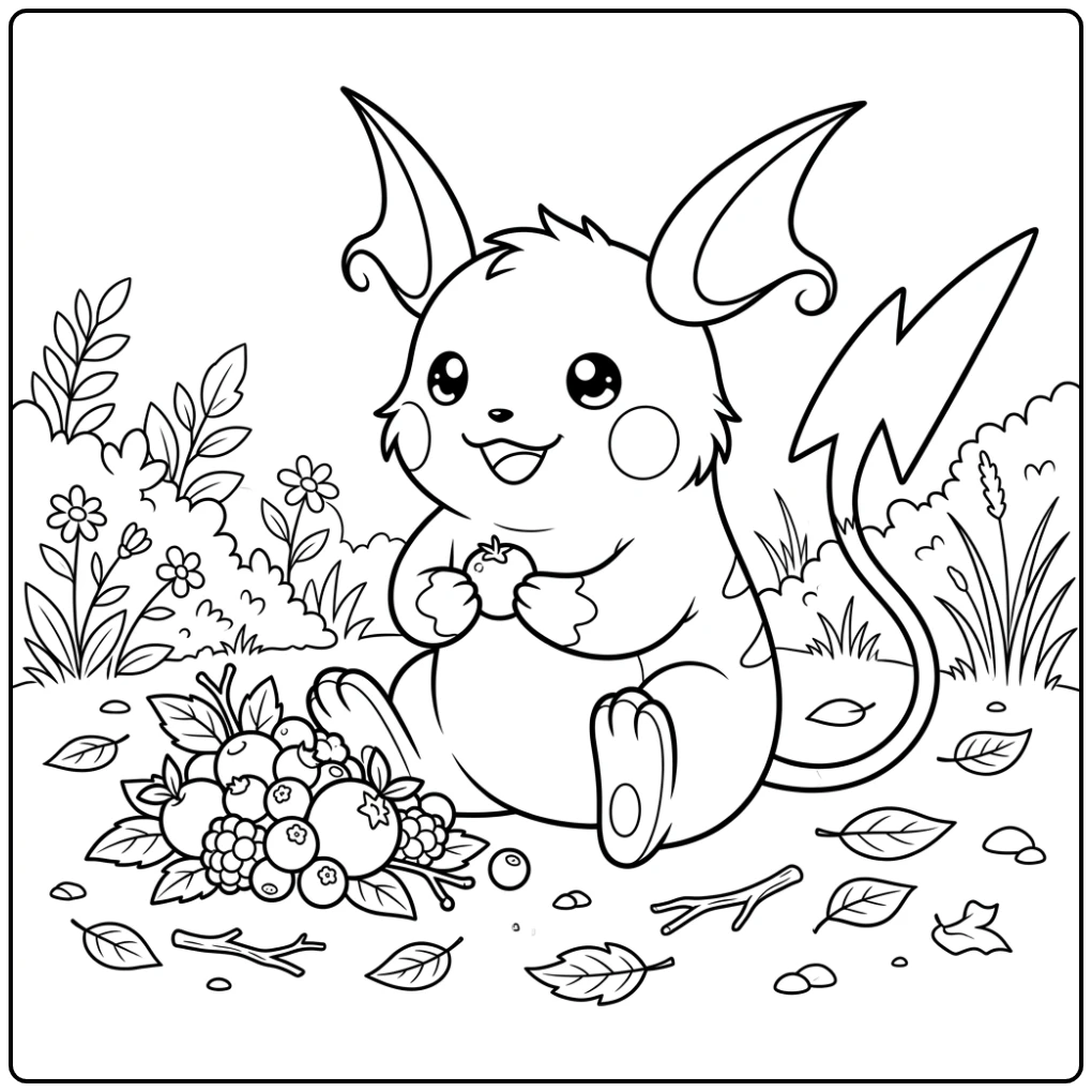 Leuke Raichu kleurplaat met Raichu en bessen op de grond.