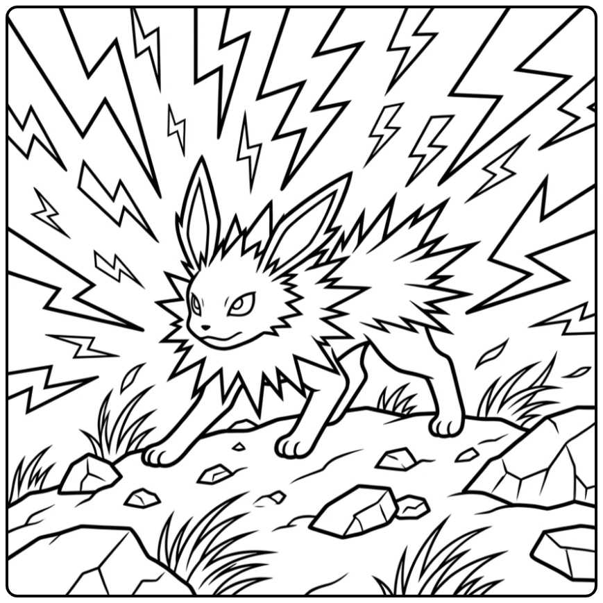 Spannende Pokemon Jolteon kleurplaat in een bliksemstorm.